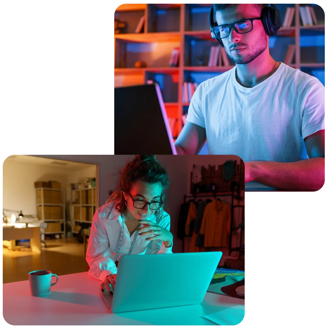 Dos personas trabajando en laptops en una Consultoría Integral. Plan de negocio.