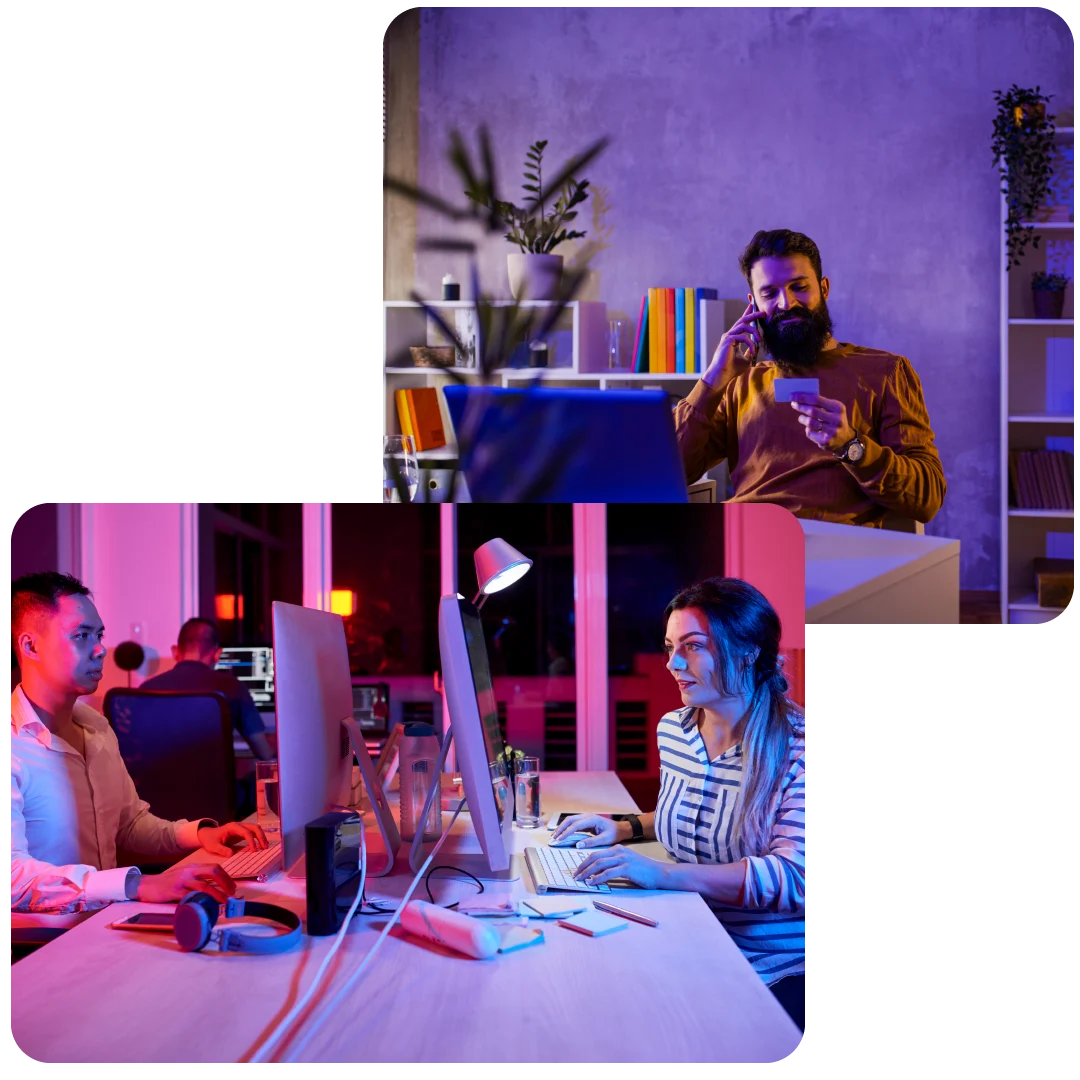 Tres personas trabajando en sus computadoras en un entorno de aceleradoras, impactando el ecosistema emprendedor.