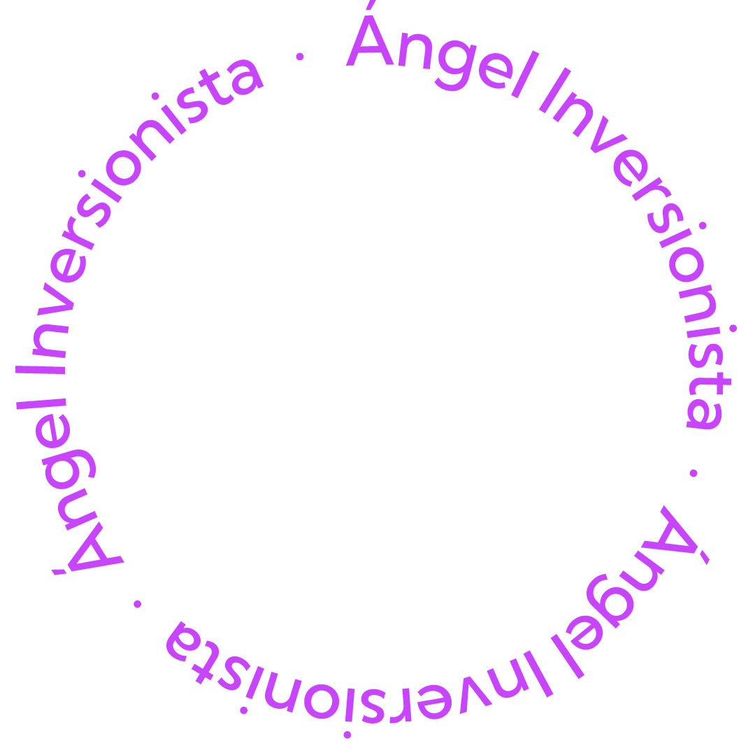 Texto en círculo morado con las palabras "Ángel Inversionista".