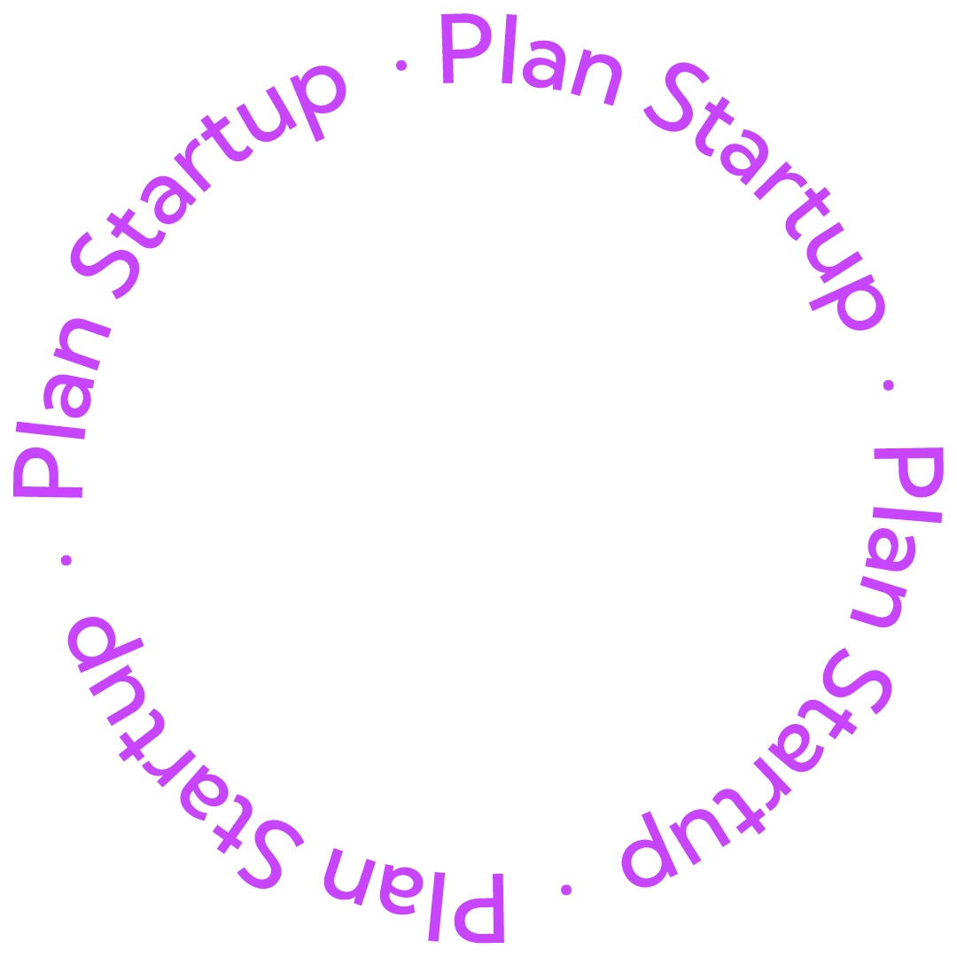 Texto en círculo morado con las palabras "plan startup".